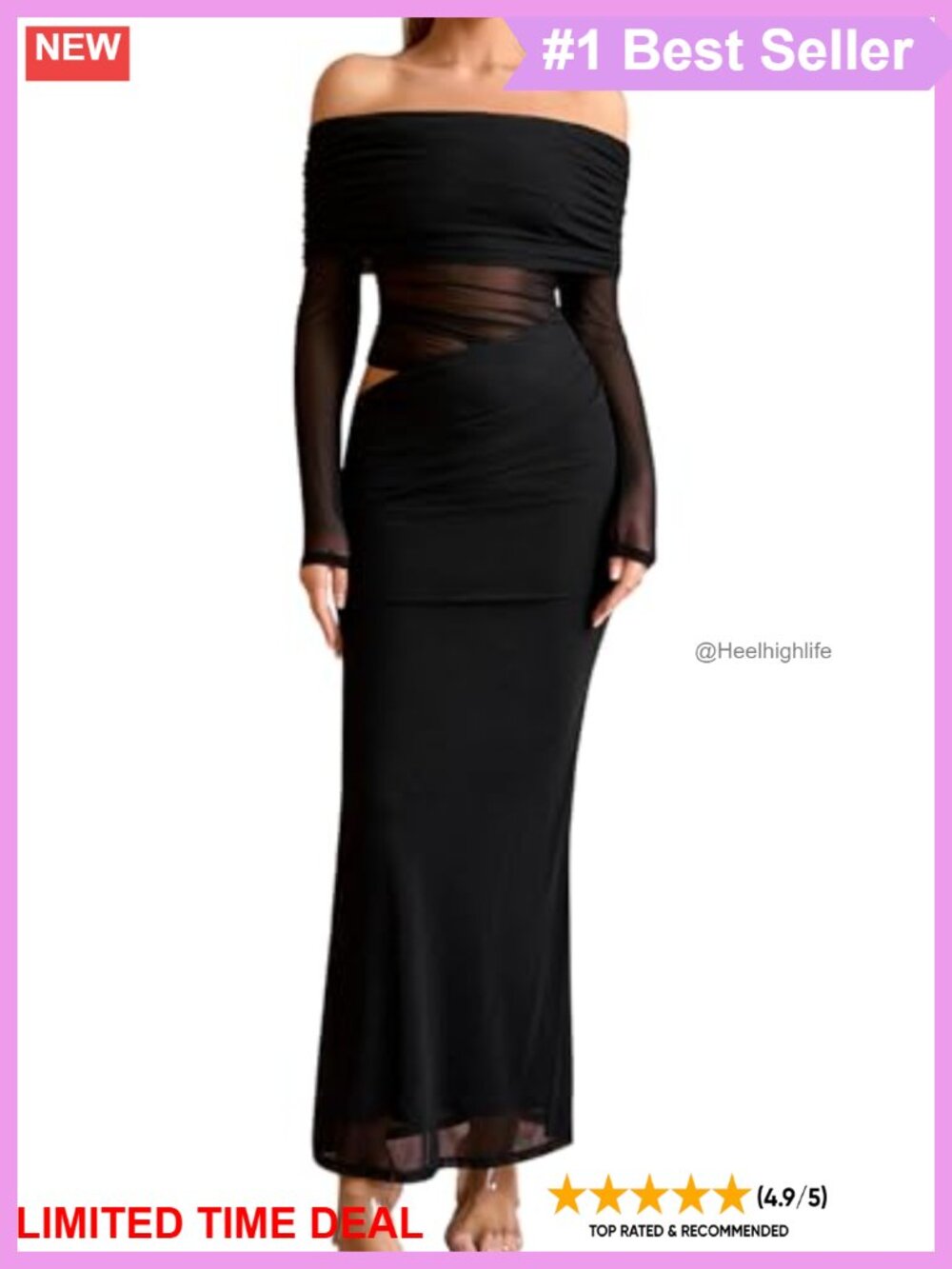 Off Shoulder Long Sleeve Maxi Dress Cutout Mesh Ruched Bodycon Formal
